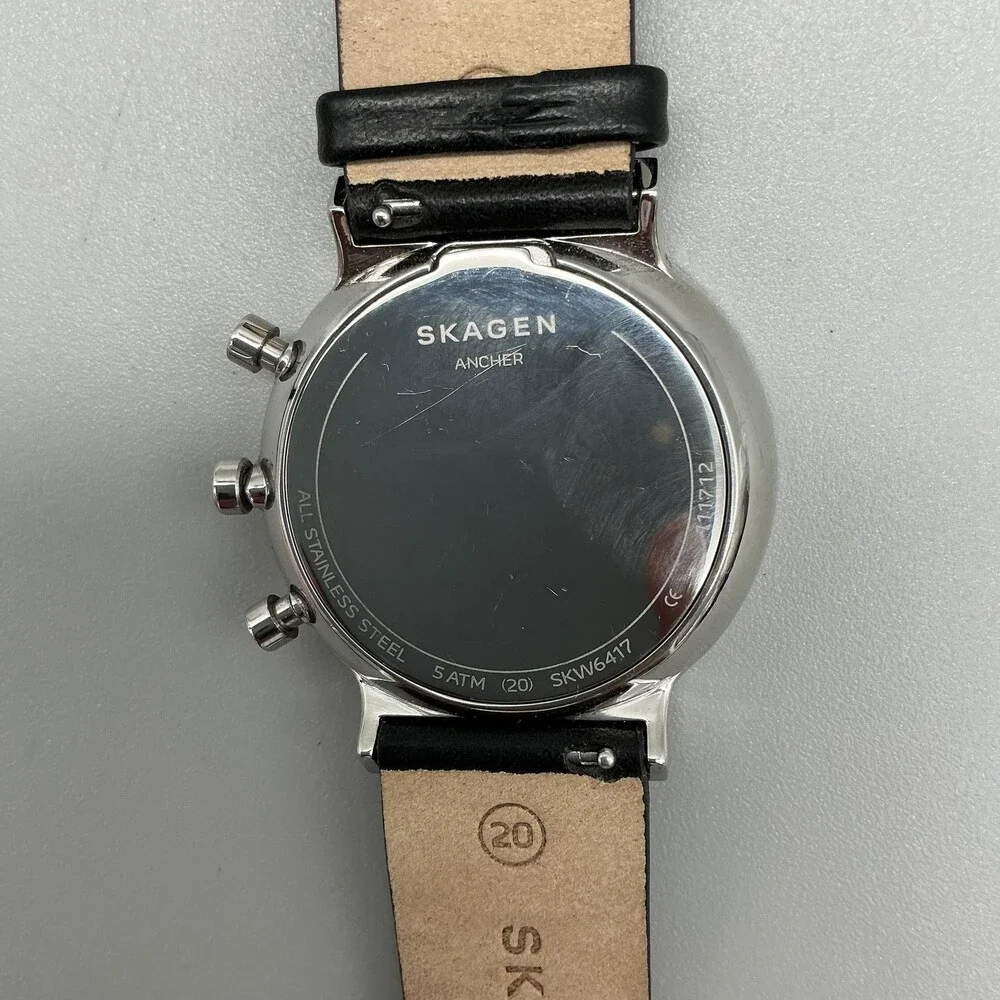Skagen Ancher SKW6477 Mens Watch 40mm Blue Dial Black Leather Chrono New Battery